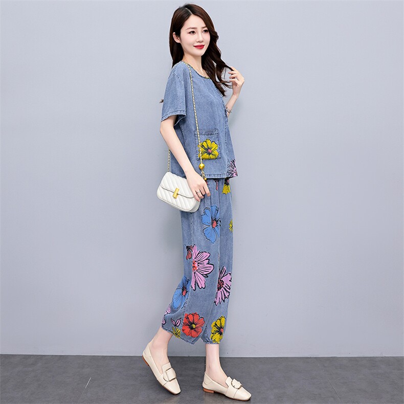 现货！！印花天丝牛仔套装女2024夏季新款气质洋气时尚优雅两件套,女装套装/套裙,涵墨
