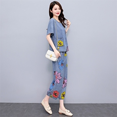 现货！！印花天丝牛仔套装女2024夏季新款气质洋气时尚优雅两件套，女装套装/套裙，涵墨