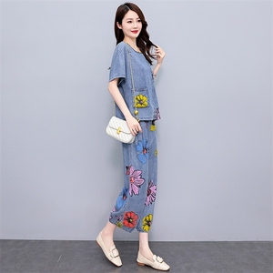 现货！！印花天丝牛仔套装女2024夏季新款气质洋气时尚优雅两件套图片