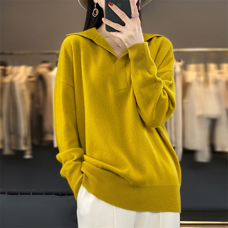 羊毛老钱风知识分子POLO领针织衫毛衣女宽松翻领加厚上衣，女装羊毛衫，盛鼎羊绒