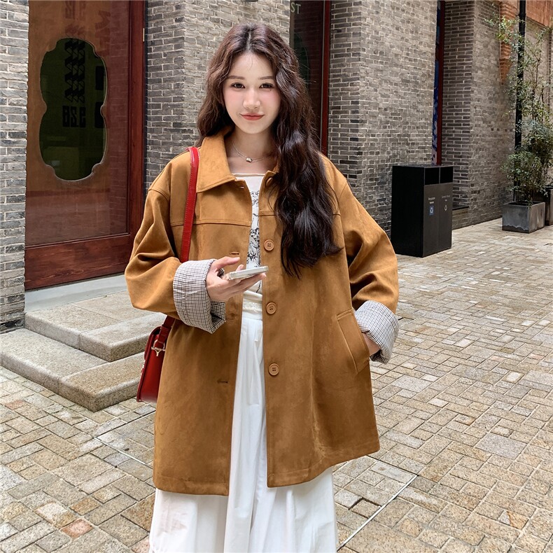 咖色复古格纹拼接麂皮绒外套女春秋2025新款小个子流行爆款巨好看,女装短外套,2C050