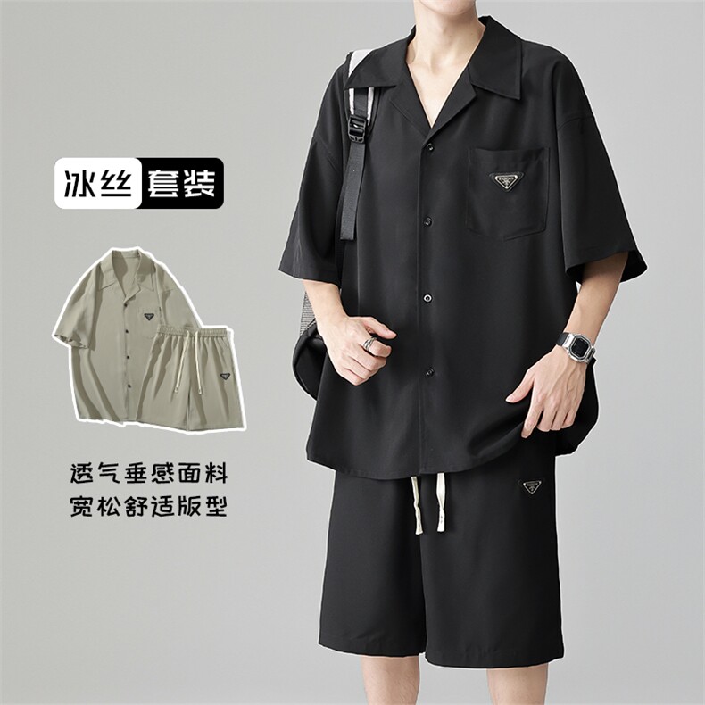 夏新大码滑料凉感冰丝短袖衬衫短裤男休闲薄款两件套装TZ098-P65图片