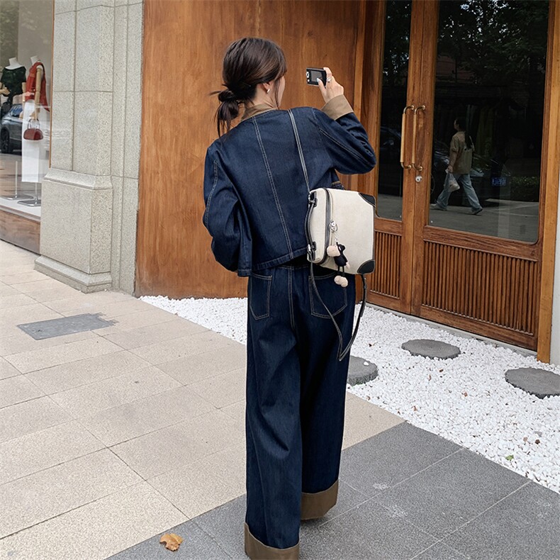 2024年秋季新中式立领长袖上衣外套+拼接直筒阔腿裤牛仔套装,女装套装/套裙,瑶迪