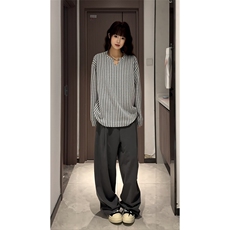 美式高街千鸟格子长袖T恤男女亨利V领英伦雅痞休闲宽松长袖打底衫，男装T恤，电商A443