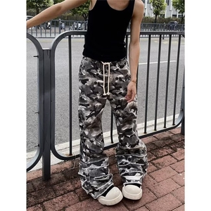 韩迷彩脏染双腰头手工破坏裤脚休闲直筒堆叠帆布迷彩阔腿长裤,短裤排扣裤穿搭女生图片