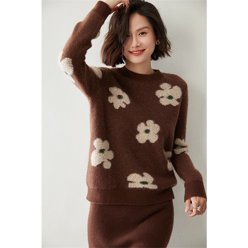 时尚花朵刺绣圆领女士35%羊绒衫优雅气质百搭毛衣,女装羊绒衫,迎冬羊绒