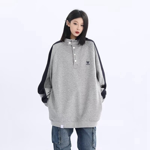 立领灰色卫衣秋冬美式高街oversize无帽潮牌高级感上衣图片