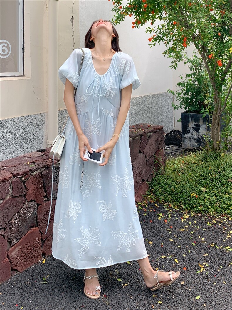 法式浪漫刺绣系带连衣裙女2025年夏季新款甜美泡泡袖气质显瘦长裙,女装连衣裙,慧尚2-185