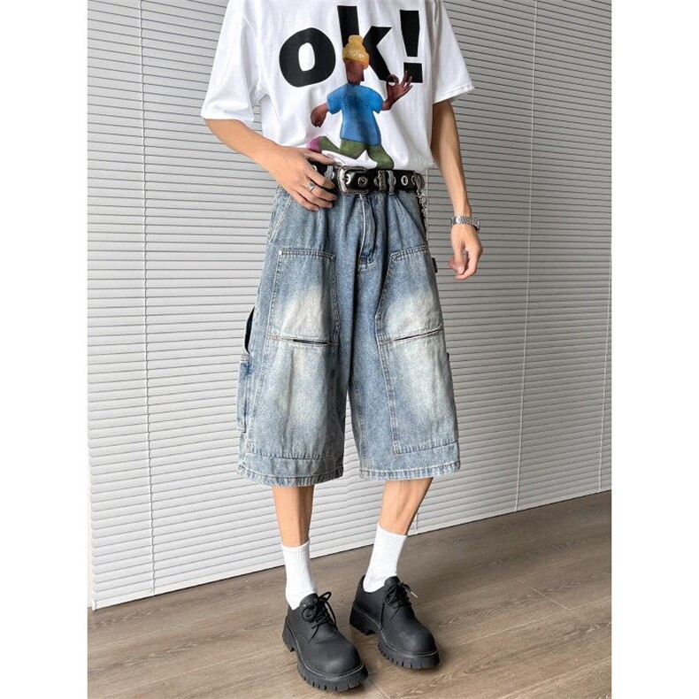 2025春夏装松紧腰宽松水洗时尚拼接牛仔七分裤212-1-QNK5512-P52,男装牛仔裤,星座212-1