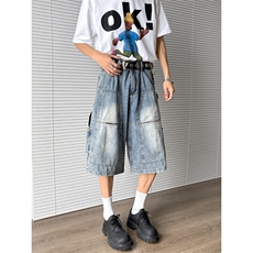 2025春夏装松紧腰宽松水洗时尚拼接牛仔七分裤212-1-QNK5512-P52，男装牛仔裤，星座212-1