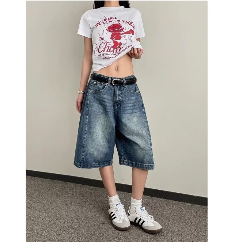 复古蓝牛仔裤女七分裤阔腿直筒7分中裤牛仔中裤潮男短裤DKA02-p38图片