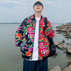 J01男女棒球领夹克外套东北大花汉服开衫左右拼接撞色潮男女图片