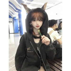刺绣+立体耳朵慵懒chic杜宾犬狗耳朵连帽卫衣JK082-P72加绒P78,jk搭配灰色连裤袜图片