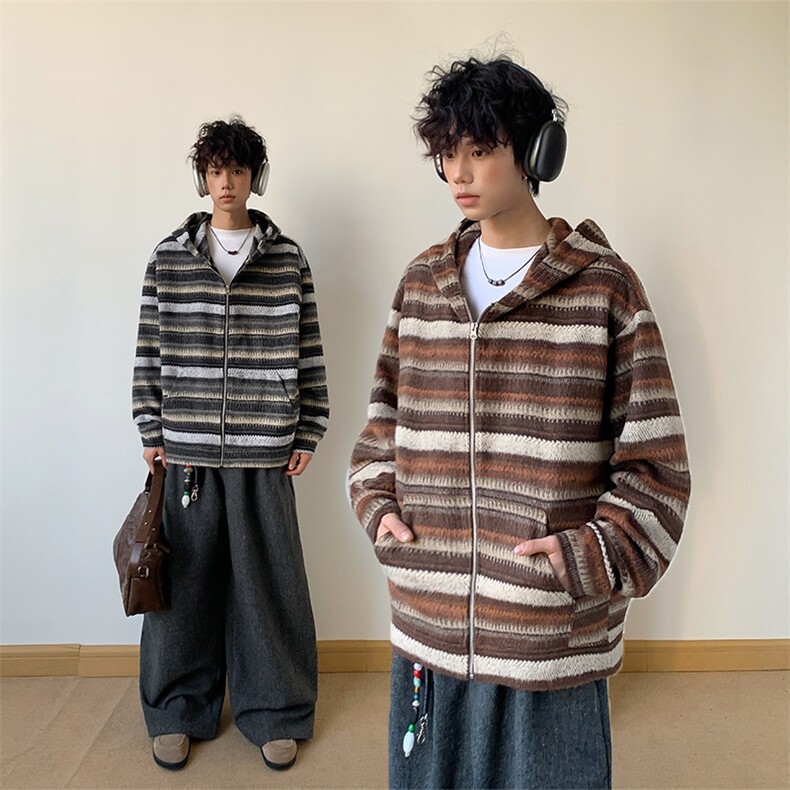 民族风条纹开衫外套男生春秋季中性情侣百搭潮牌宽松休闲连帽卫衣,男装卫衣,电商A102