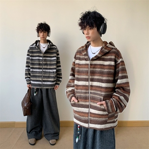 民族风条纹开衫外套男生春秋季中性情侣百搭潮牌宽松休闲连帽卫衣图片