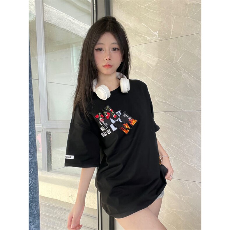 H0792-P40刺绣魔术贴+订标潮流宽松休闲情侣短袖T恤,女装T恤,星座617A-2