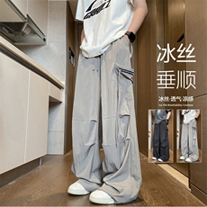 夏季新款美式高街飘带设计宽松休闲冰丝裤B315-K25592-特p35控68，男装休闲裤，电商B315