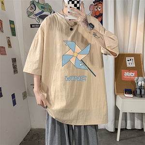 YT26112-P30 亚麻短袖t恤男大码五分袖男宽松七分袖 海报风图片