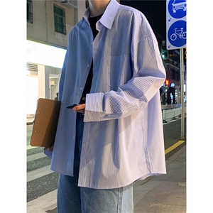 港风秋款男女衬衫竖条纹宽松休闲长袖衬衣加大码S-4XL CT22 P38图片