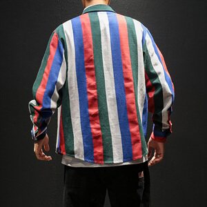秋季中国风宽松潮男休闲粗条纹棉麻长袖衬衫嘻哈情侣衬衣C110/P55图片
