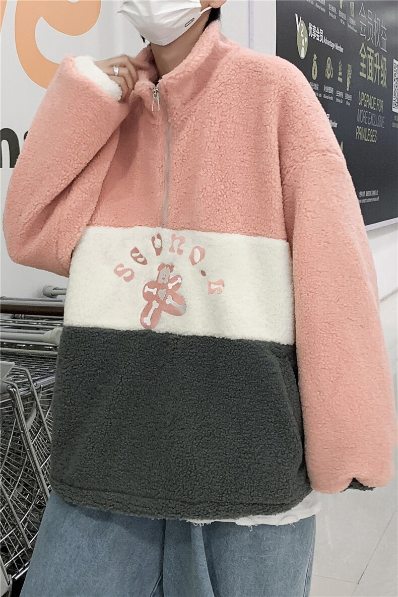 新款大码M-3XL羊羔毛卫衣加厚拼色上衣半拉链宽松外套W2241-P55,男装棉衣,星座512-2