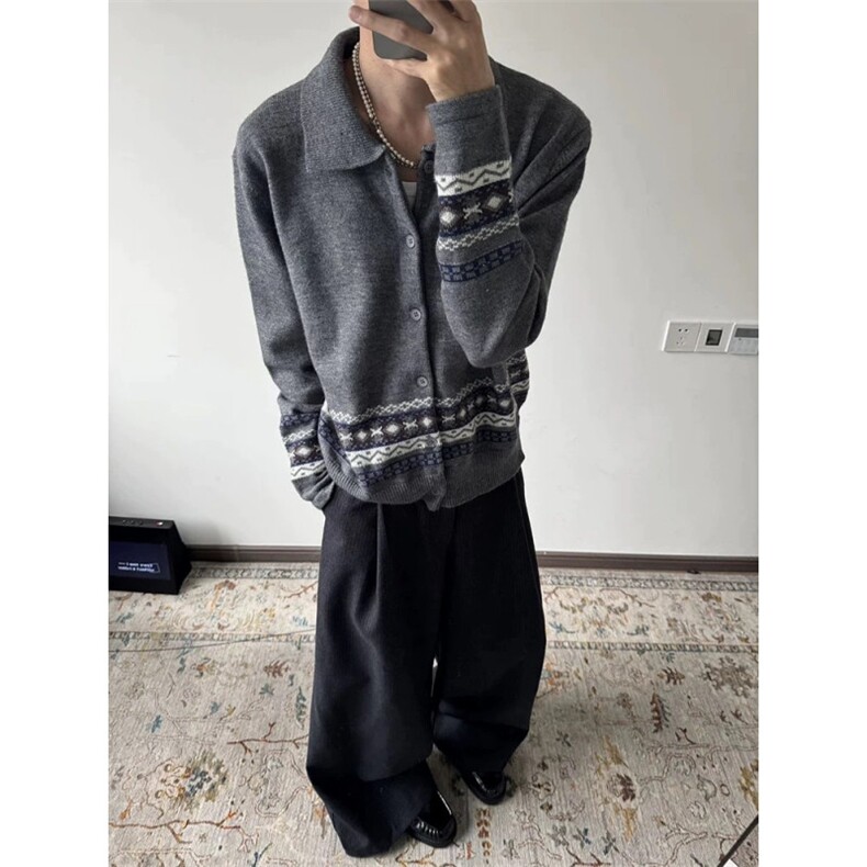 费尔岛提花开衫翻领仿羊绒针织Polo干练正肩上衣zzs137p65，男装针织衫/毛衣，电商D256A(原A064A)