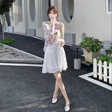 韩版氛围感印花防晒套装女2025夏季新款甜美显瘦高腰半身裙两件套，女装套装/套裙，2D148