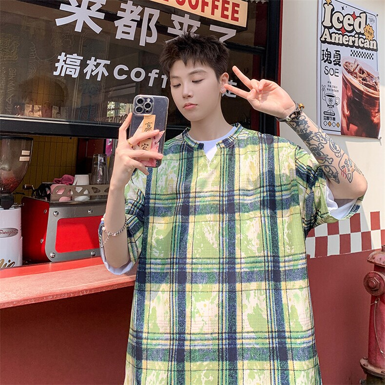 2026夏装美式扎染印花冰丝冰凉格子男五分袖T恤T5508/特P25绿3,男装T恤,电商A094