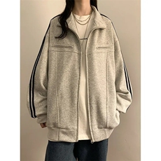 632-P49美式复古条纹卫衣外套女秋冬潮牌街头两道杠宽松百搭，女装短外套，电商B323A