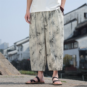 现货 风大码新款竹叶印花冰丝休闲裤萝卜裤A021-K213-P55控89图片
