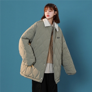 冬装新款菱形格工装棉衣 加绒毛领宽松棉服外套潮 Q327-P120控148图片