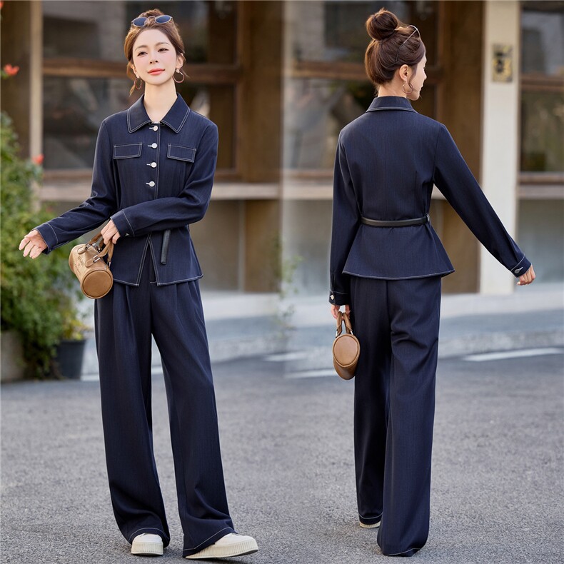 （新款现货）2026春装时尚收腰显瘦天丝牛仔阔腿腰带套装两件套，女装套装/套裙，印象茜