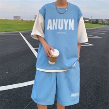 夏季一套搭配篮球运动服假两件华夫格短袖短裤套装男T1294-P42，男装T恤，星座512-2