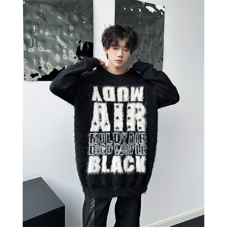 2025冬装美式复古字母宽松毛衣仿貂毛针织衫慵懒风 A025-M043-P65图片