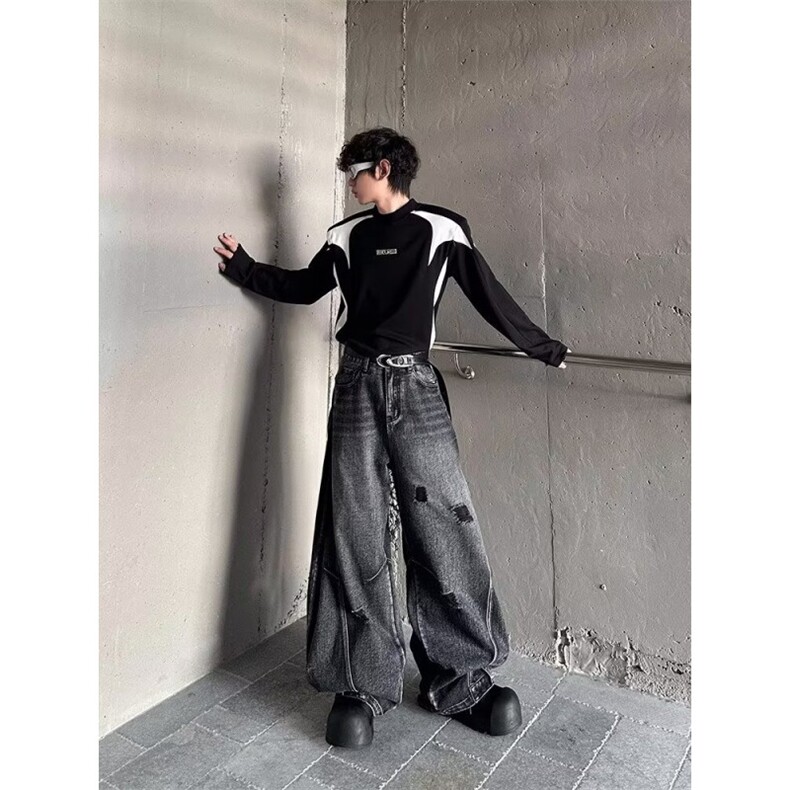 欧美高街vibe做旧弯刀牛仔裤男女新款拼接休闲宽松显瘦Z7824P55,男装牛仔裤,星座1112-1