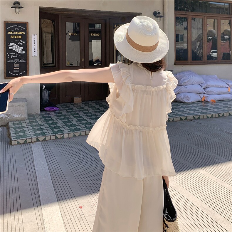 超仙时尚雪纺无袖木耳边套装女2026夏新款半透减龄阔腿裙裤两件套,女装套装/套裙,衣秀之家