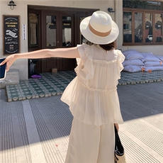 超仙时尚雪纺无袖木耳边套装女2026夏新款半透减龄阔腿裙裤两件套，女装套装/套裙，水衣源