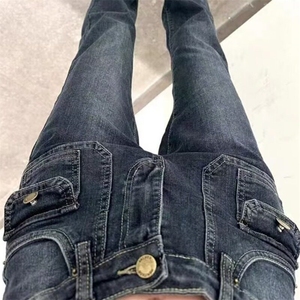 复古蓝喇叭裤女装初中学生紧身秋季高腰加绒加厚微喇女孩牛仔裤