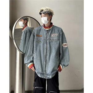 美式复古立领做旧牛仔外套贴布机车赛车服夹克 JK8945 P80图片