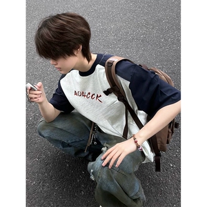 抖音得物高品质二开240克宽松纯棉美式潮牌插肩袖拼接短袖T恤图片
