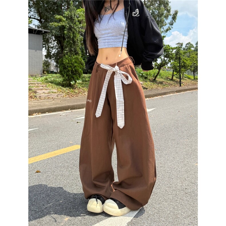 韩系设计感蕾丝飘带复古时尚休闲慵懒松弛感垂感拖地阔腿裤女,男装休闲裤,四季星座505