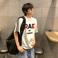 抖音得物高品质二开240克宽松纯棉美式潮牌三条杠织带短袖T恤，男装T恤，电商A486-1