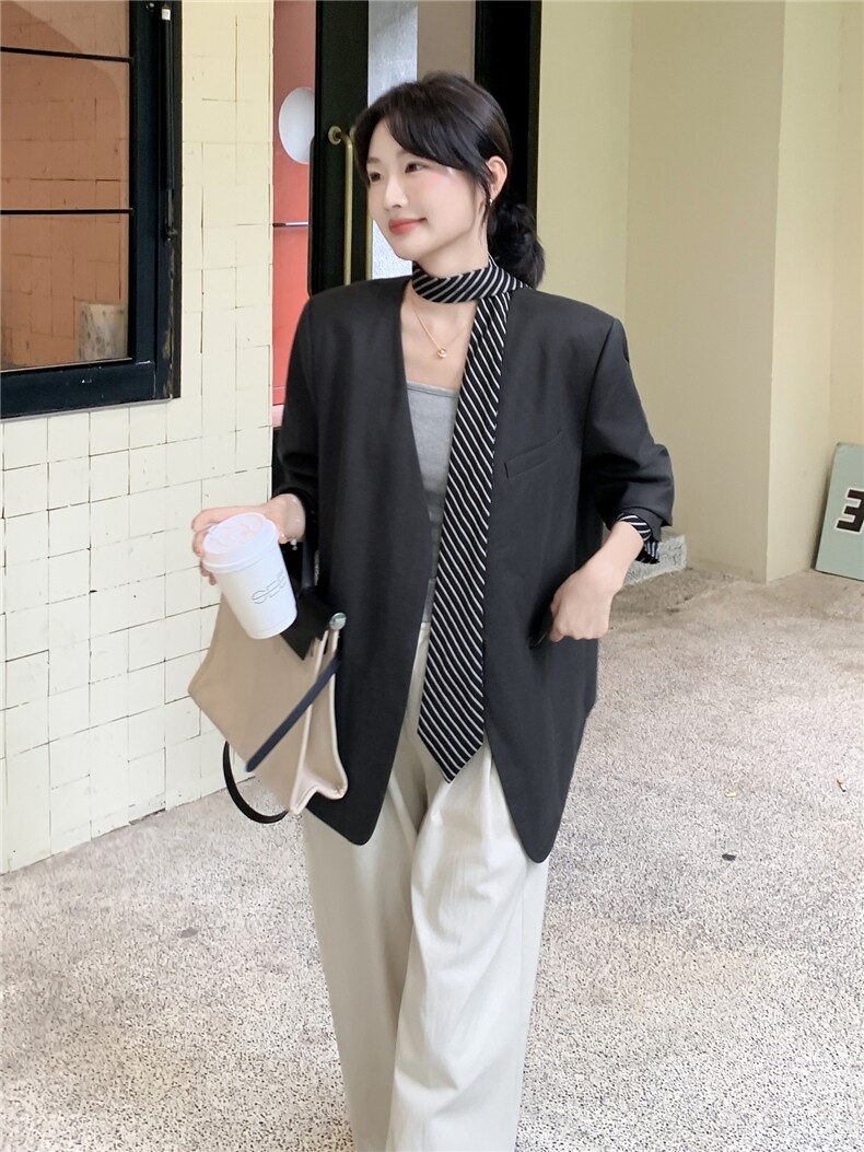 210-3278-P155-K228高级松弛感休闲条纹飘带西装外套2025年秋季,女装西装,韩蜜菓