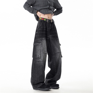B221美式ins高街暗黑宽松直筒竹节纹工装牛仔裤LK26614-特P55控98