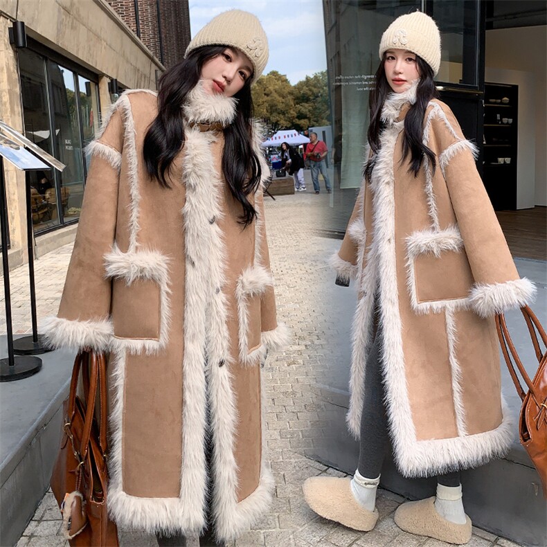 高级感皮毛一体外套女中长款2024冬季新款厚实减龄仿羊羔毛大衣，女装羊羔毛/颗粒绒，韩蜜菓