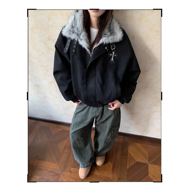 W11021-P118网图现货美式十字架麂皮绒毛领棉服座山雕加厚外套,男装棉衣,星座1608