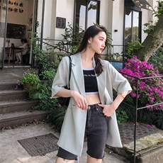 纯色西装秋季2021新款女装中袖腰带修身显瘦中长外套166-XZ05P85，女装西装，茜茜公主