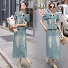 可盐可甜牛仔套装女夏季2025新款韩系小个子气质时尚半身裙两件套，女装套装/套裙，韩蜜菓