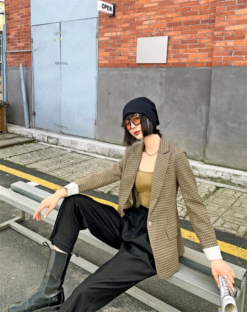 现货，春软，格子西装收腰型外套，女装西装，锦华秀逸