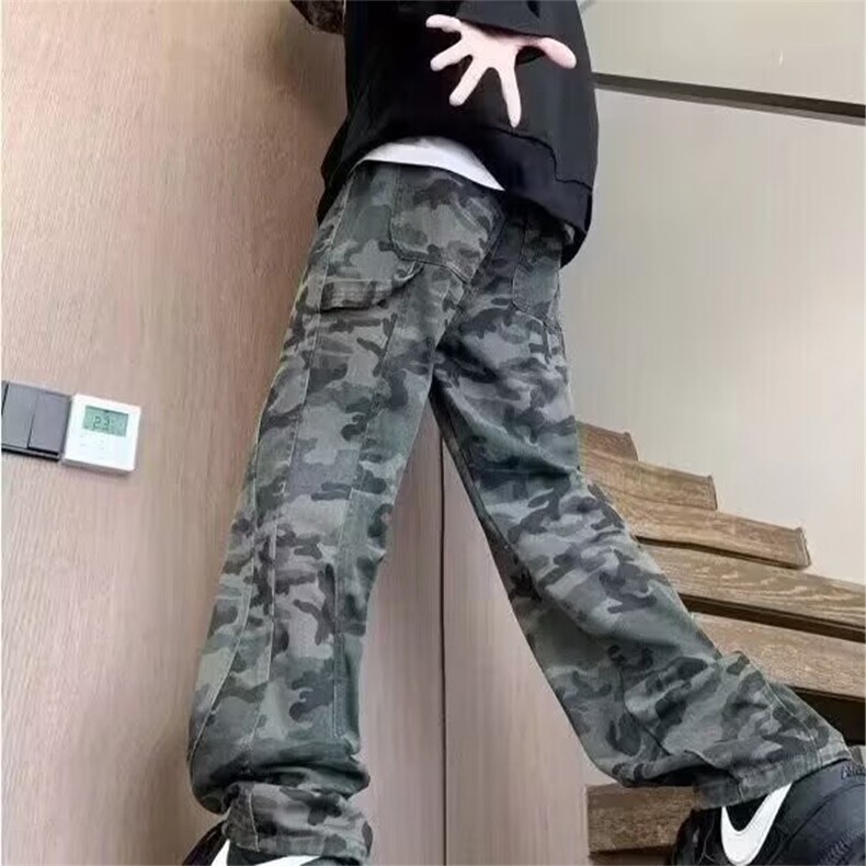 抖音得物美式复古迷彩微喇工装裤男款vibe高街裤子修身牛仔裤AK11,男装牛仔裤,电商A443